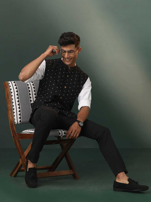 Vastramay Men's Black Jacquard Cotton Nehru Jacket